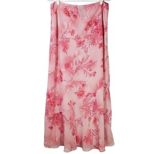 2216 * Meghan Matthews Floral Chiffon A-Line Midi Skirt Pink Size 12 Vintage